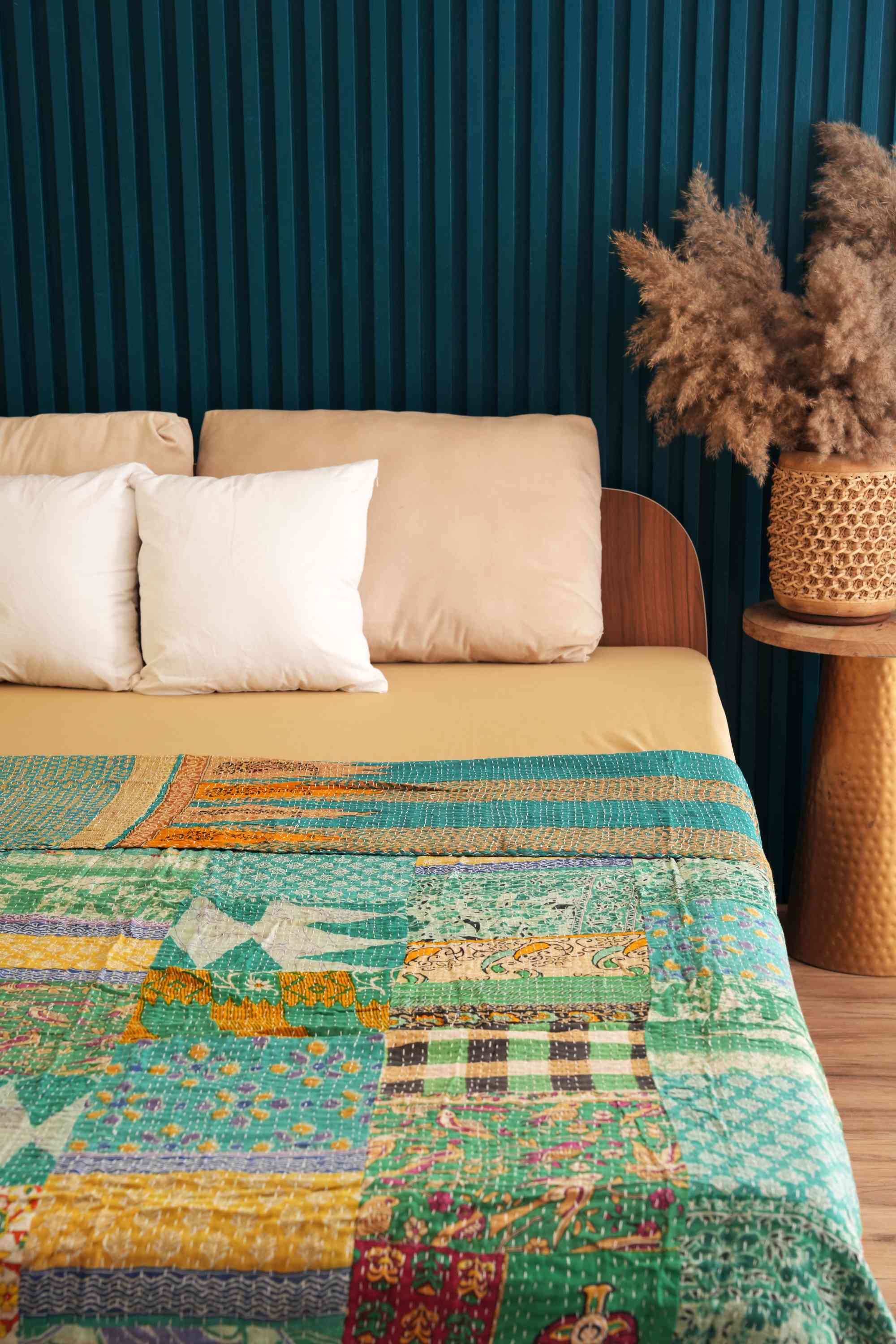 Handmade Cotton Green Vintage Patchwork Kantha Quilt