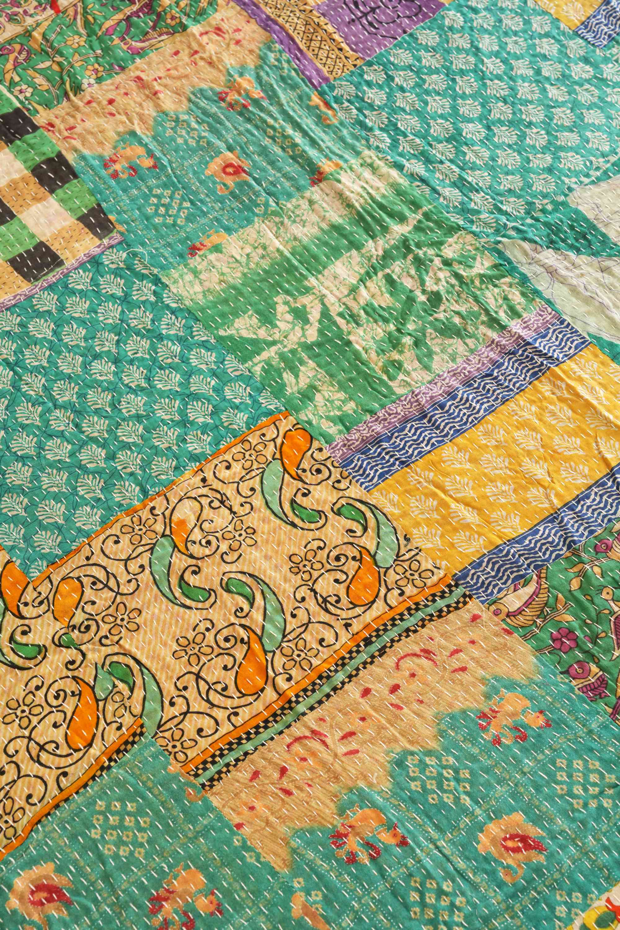 Handmade Cotton Green Vintage Patchwork Kantha Quilt