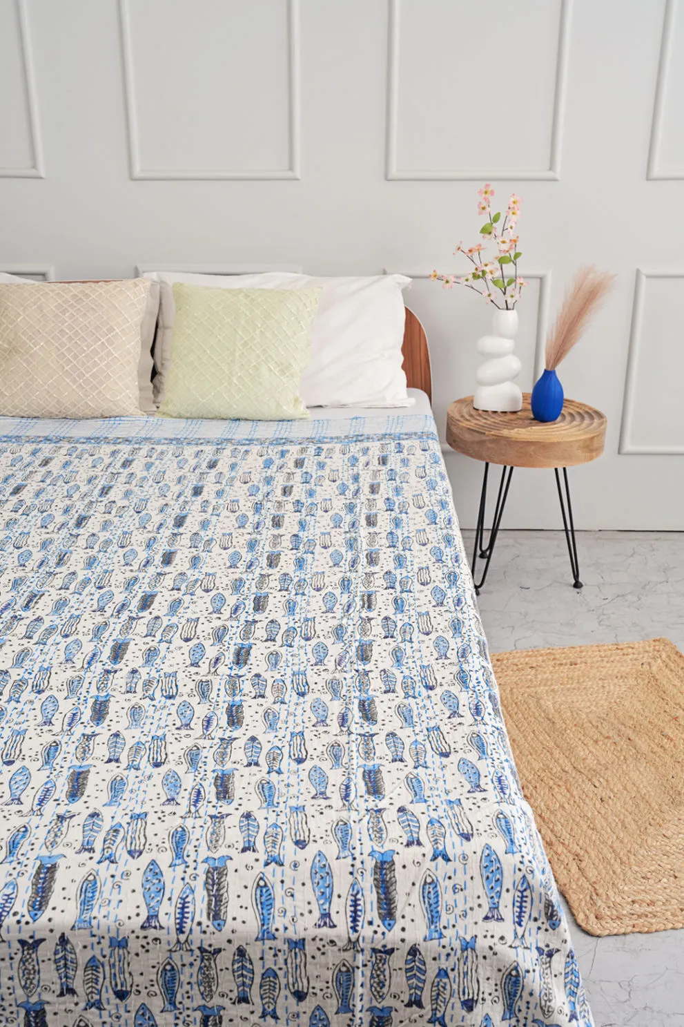 Handmade Fish Printed Cotton Queen Kantha Throw