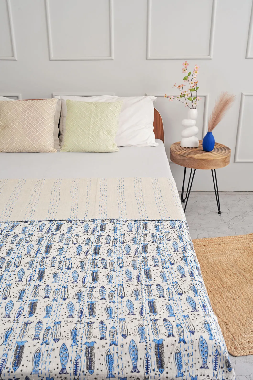 Handmade Fish Printed Cotton Queen Kantha Throw