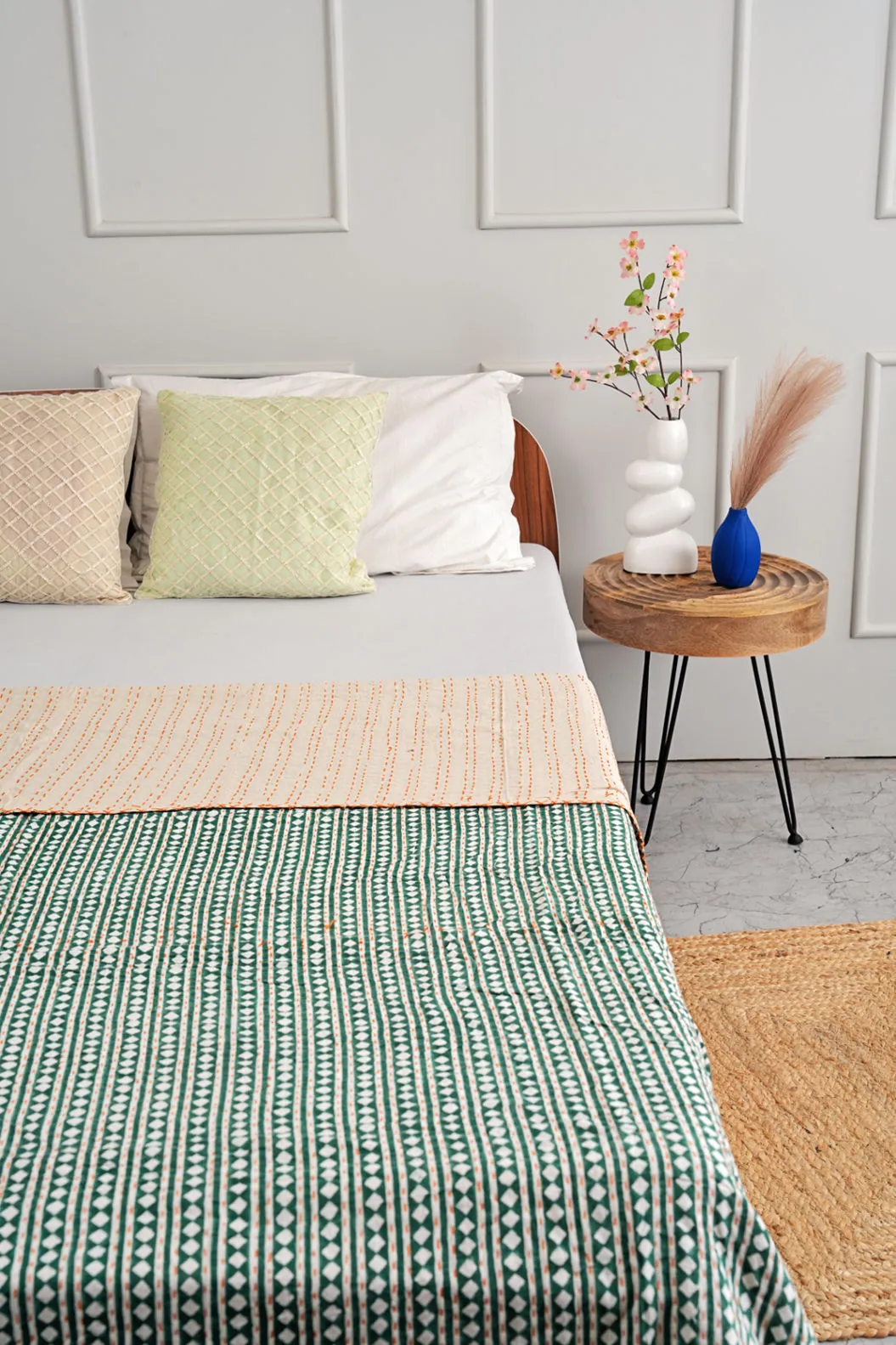 Handmade Cotton Queen Kantha Bedspread - Green Diamond