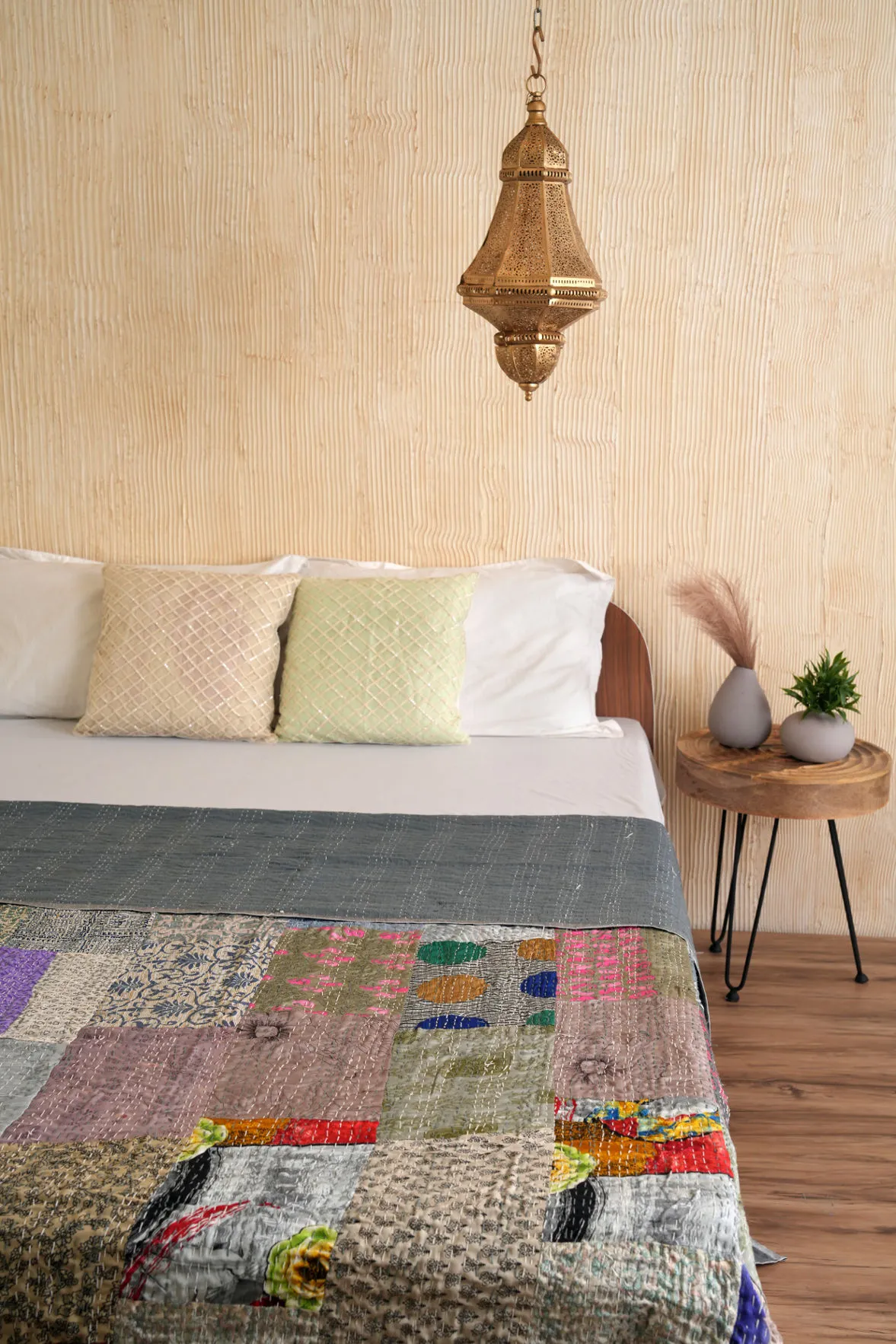 Grey Vintage Patchwork Kantha Quilt Queen Silk Kantha Throw Blanket Kantha Bedspread Coverlet Kantha Bed Cover Boho Quilt