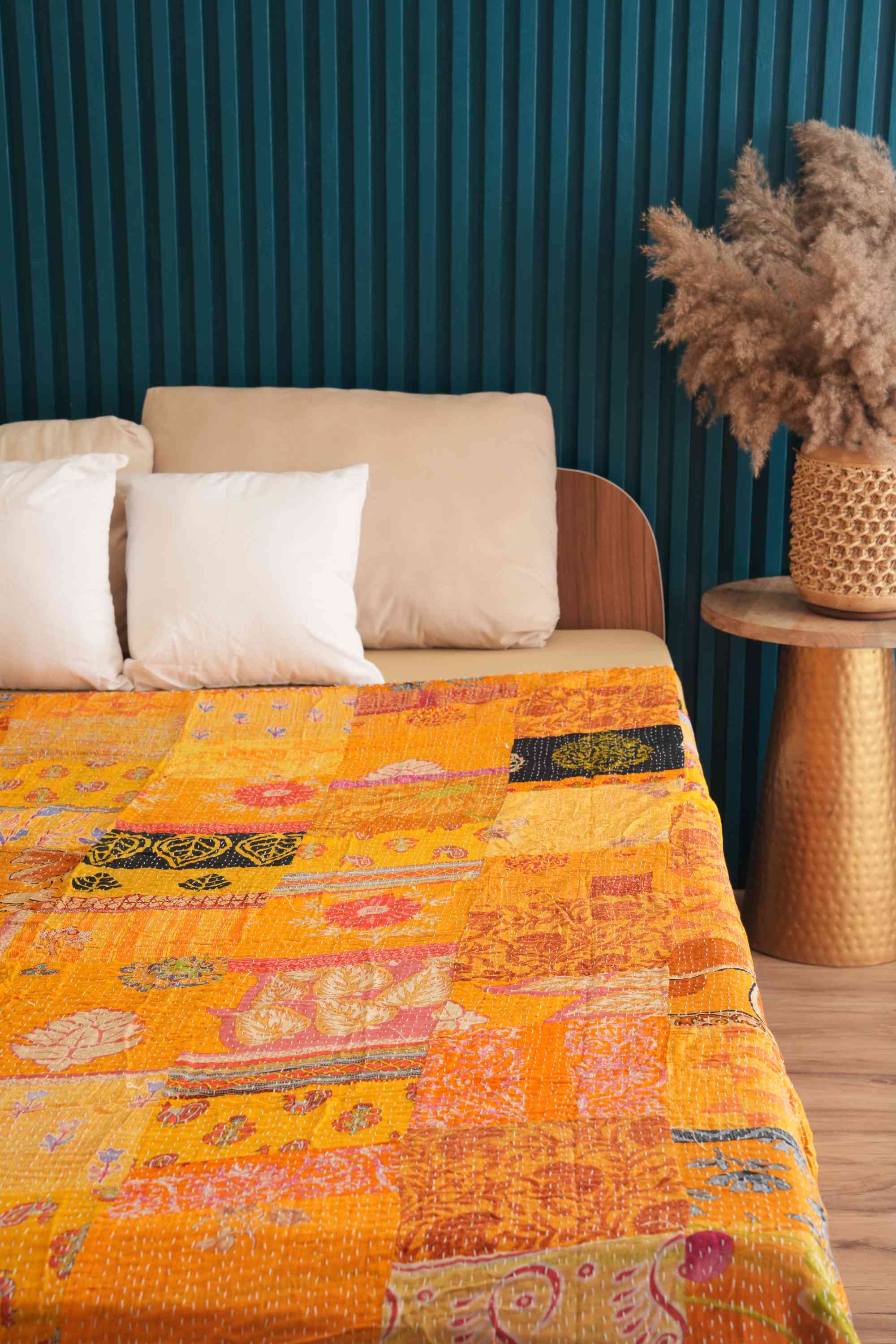 Handmade Yellow Vintage Patchwork Kantha Quilt