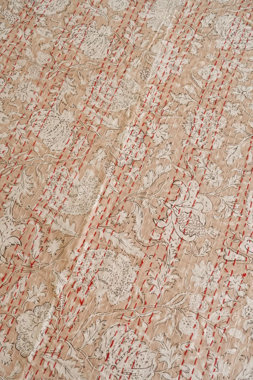 Beige Minimal Printed Kantha Quilt