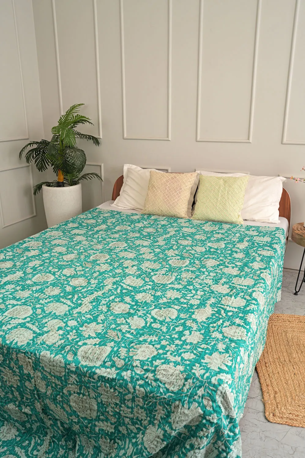 Minimalist Green Leafy Kantha Quilt