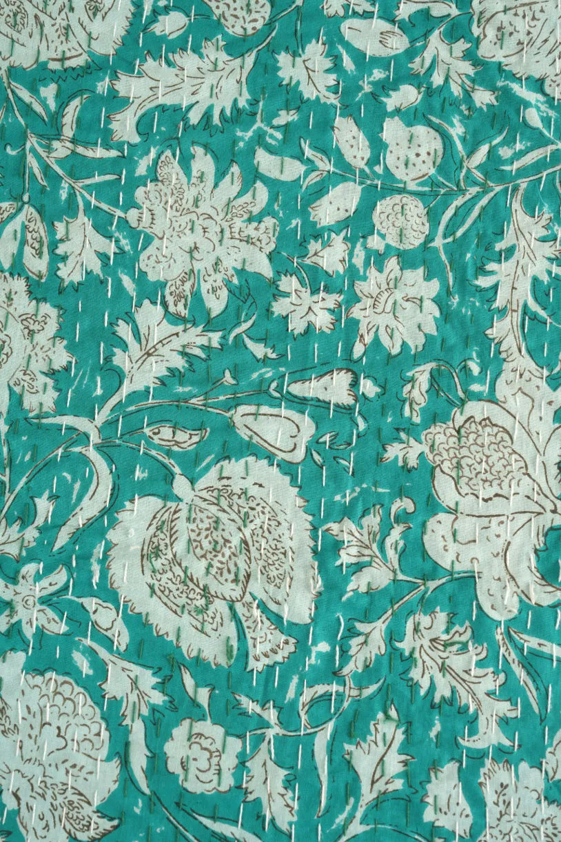Minimalist Green Leafy Kantha Quilt