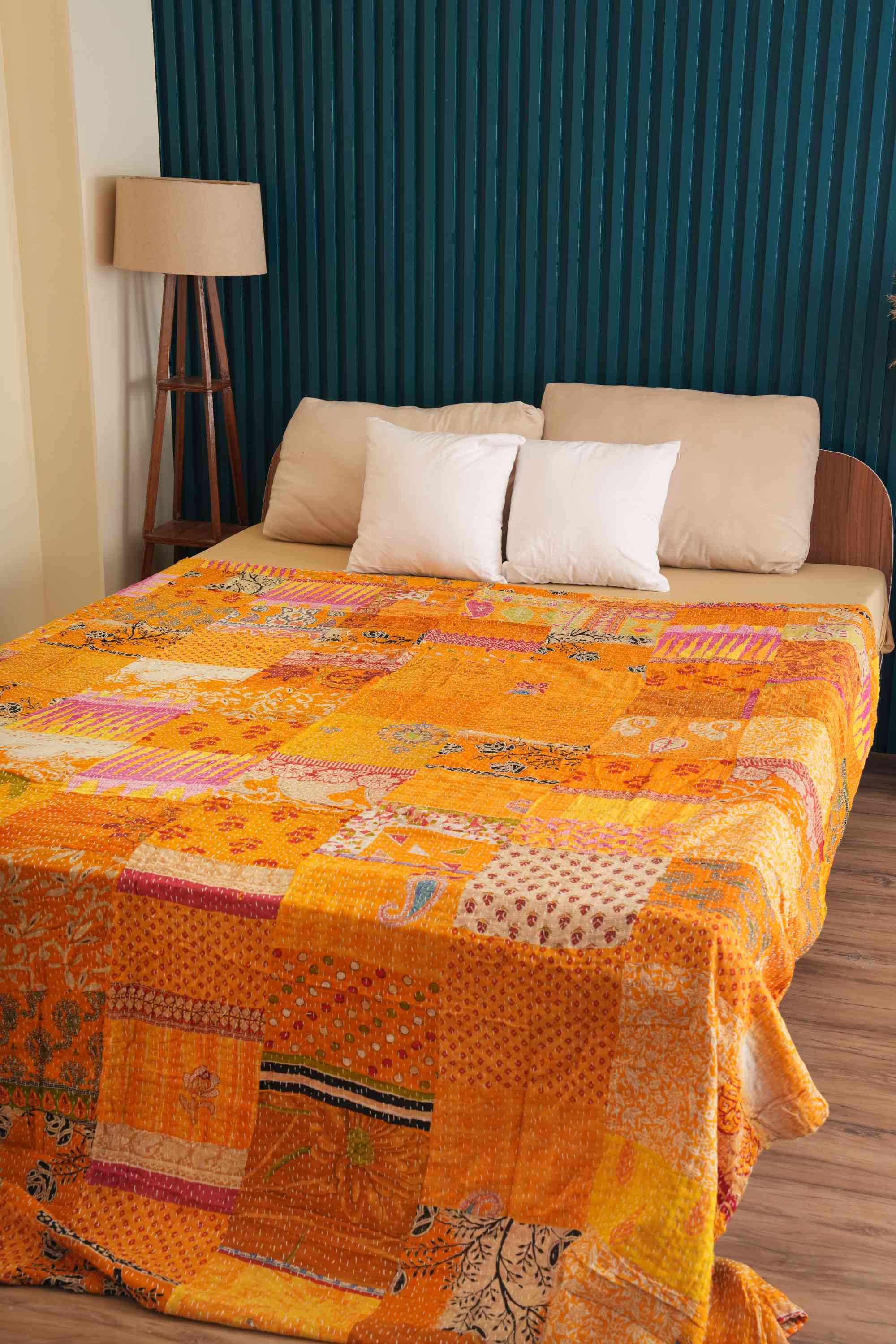 Handmade Vintage Patchwork Kantha Quilt Yellow