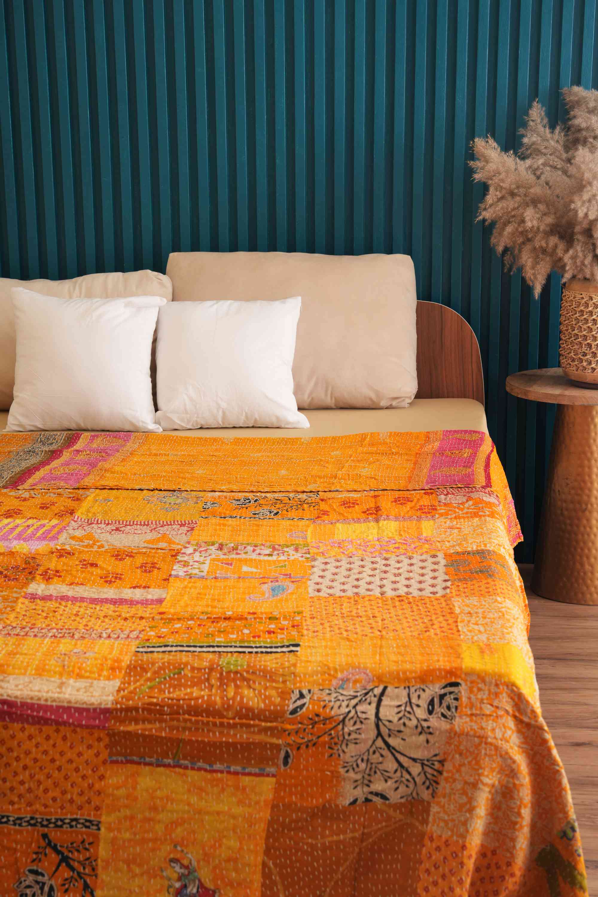 Handmade Vintage Patchwork Kantha Quilt Yellow