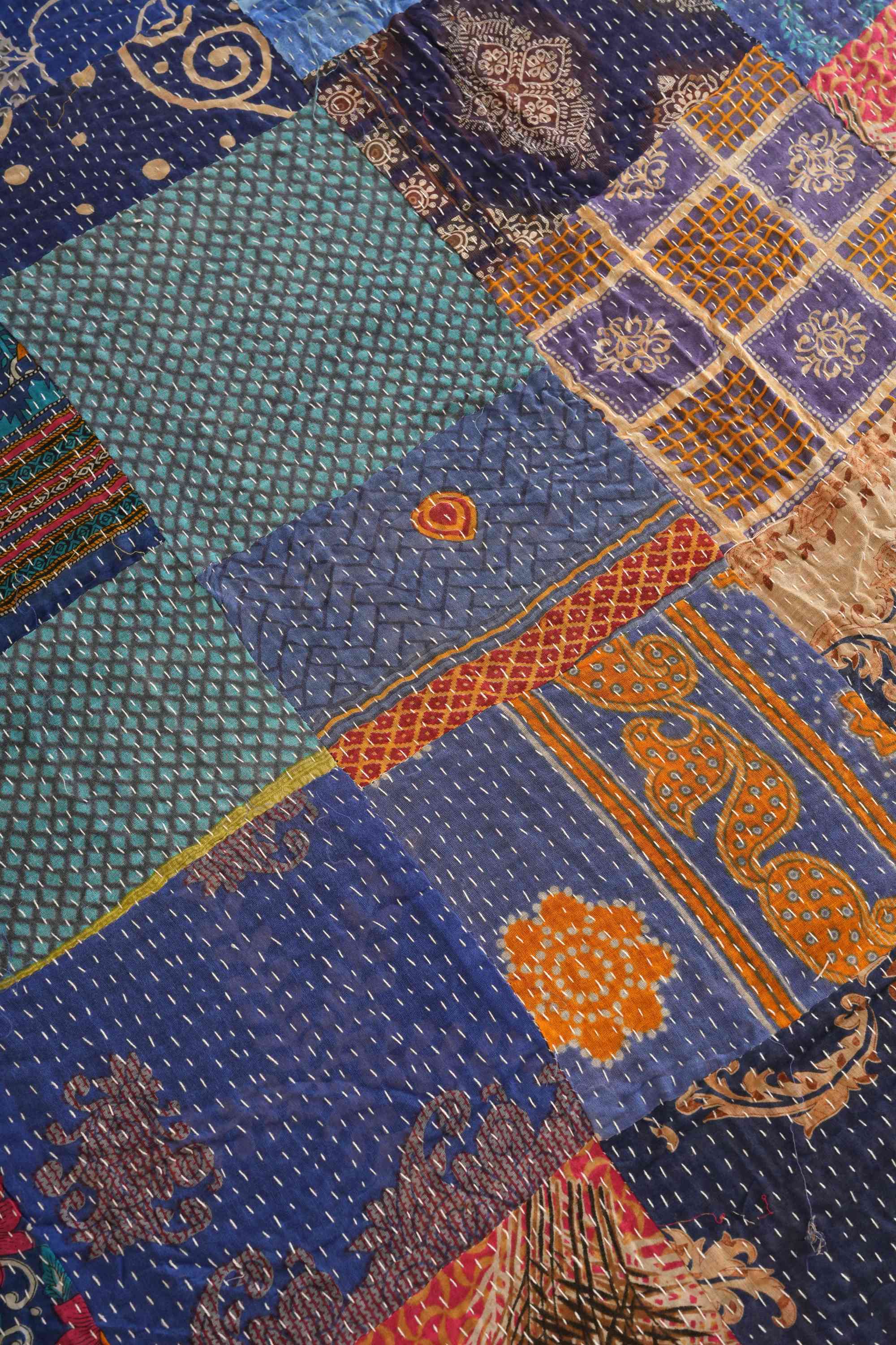 Handmade Vintage Patchwork Kantha Quilt Blue