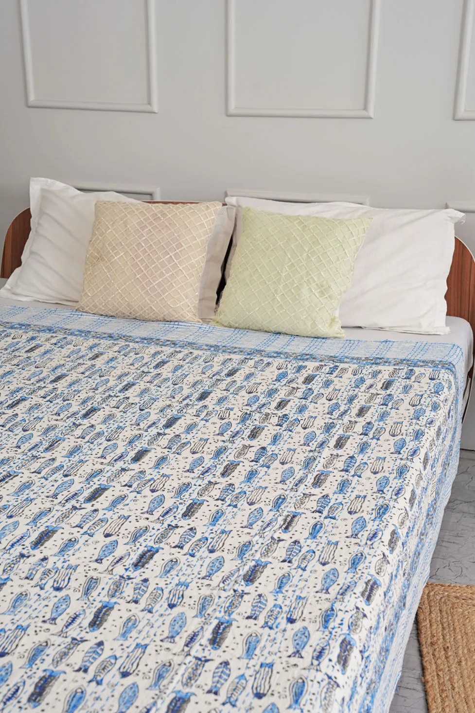 Handmade Fish Printed Cotton Queen Kantha Throw