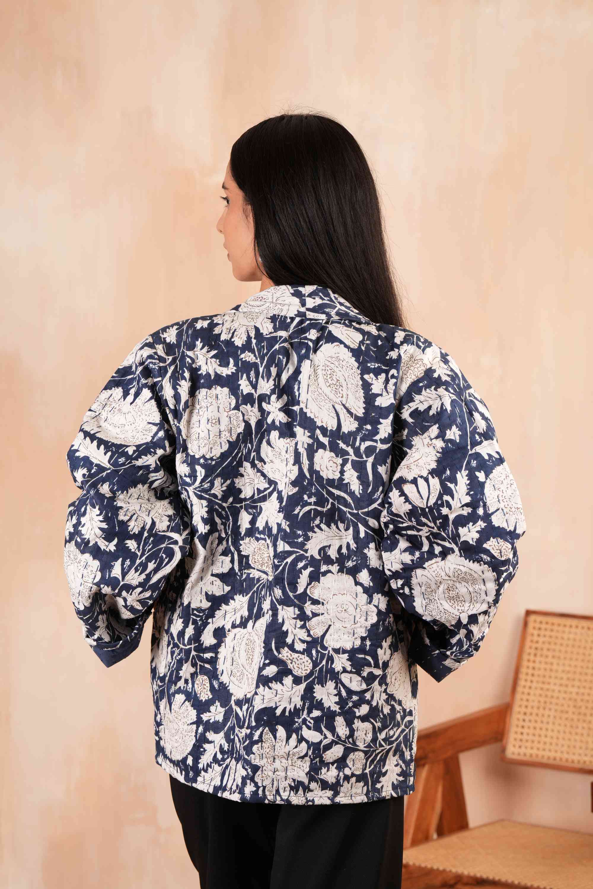 Handmade Blue Cotton Leafy Kantha Jacket