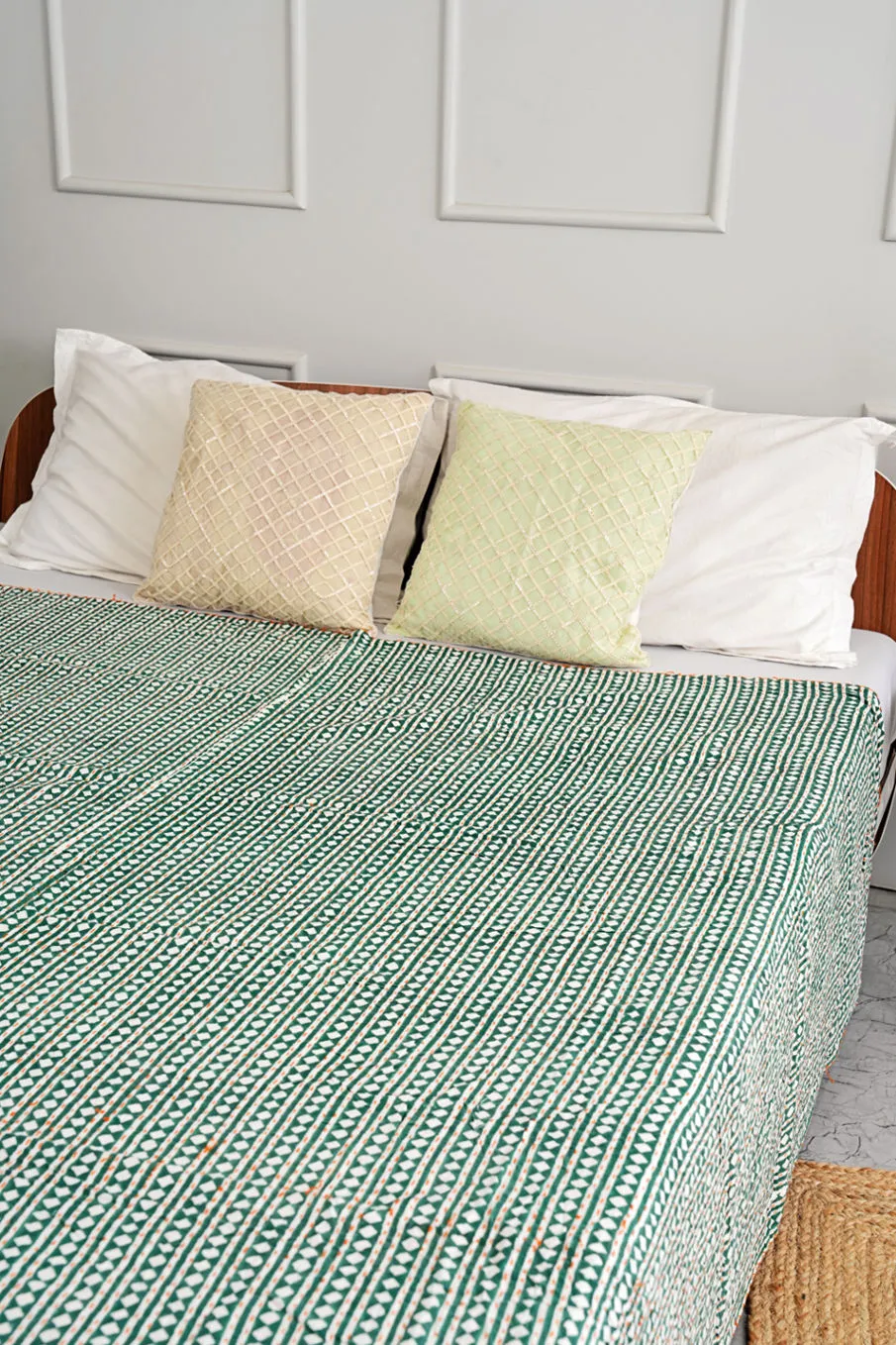 Handmade Cotton Queen Kantha Bedspread - Green Diamond