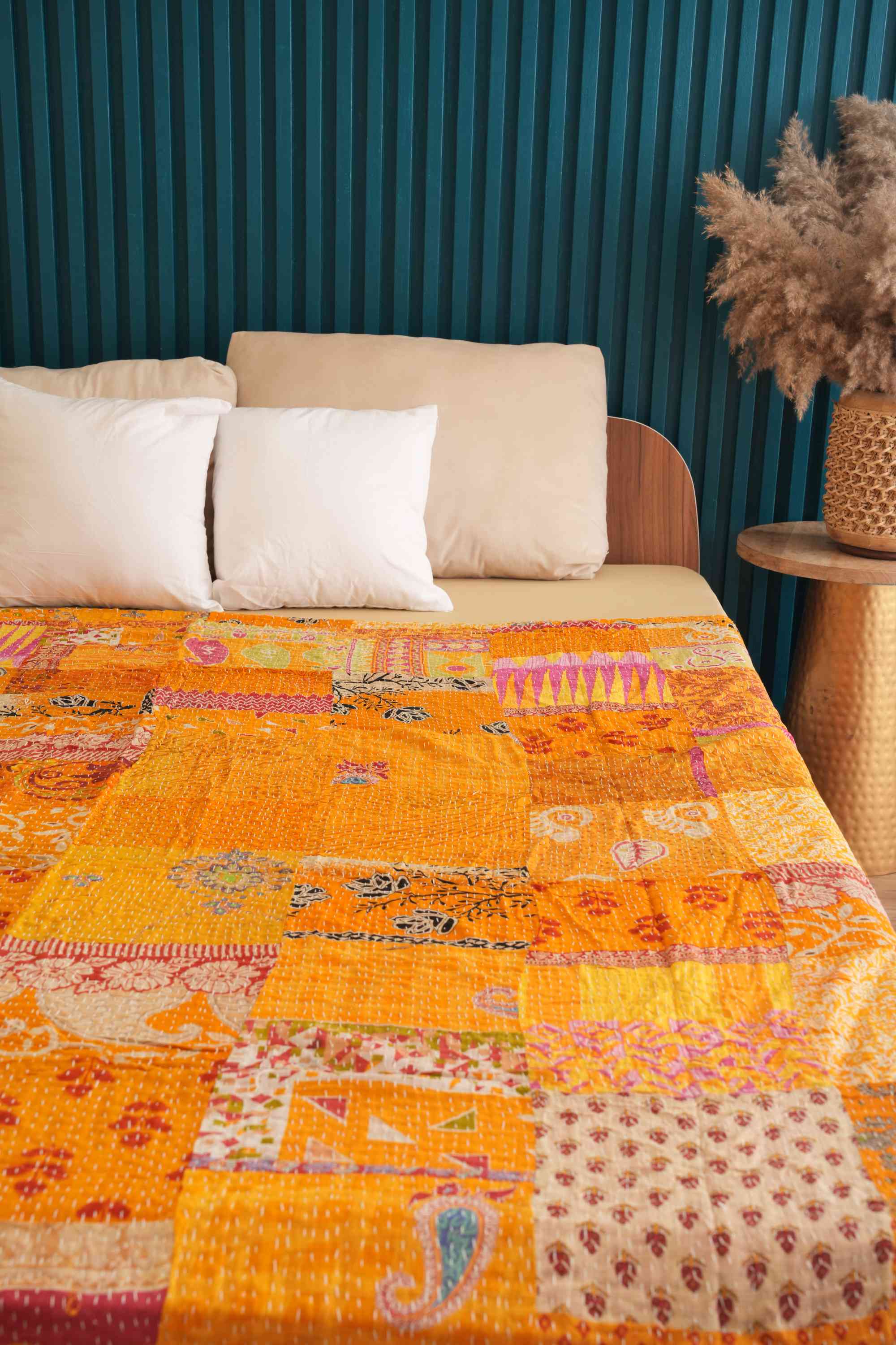 Handmade Vintage Patchwork Kantha Quilt Yellow