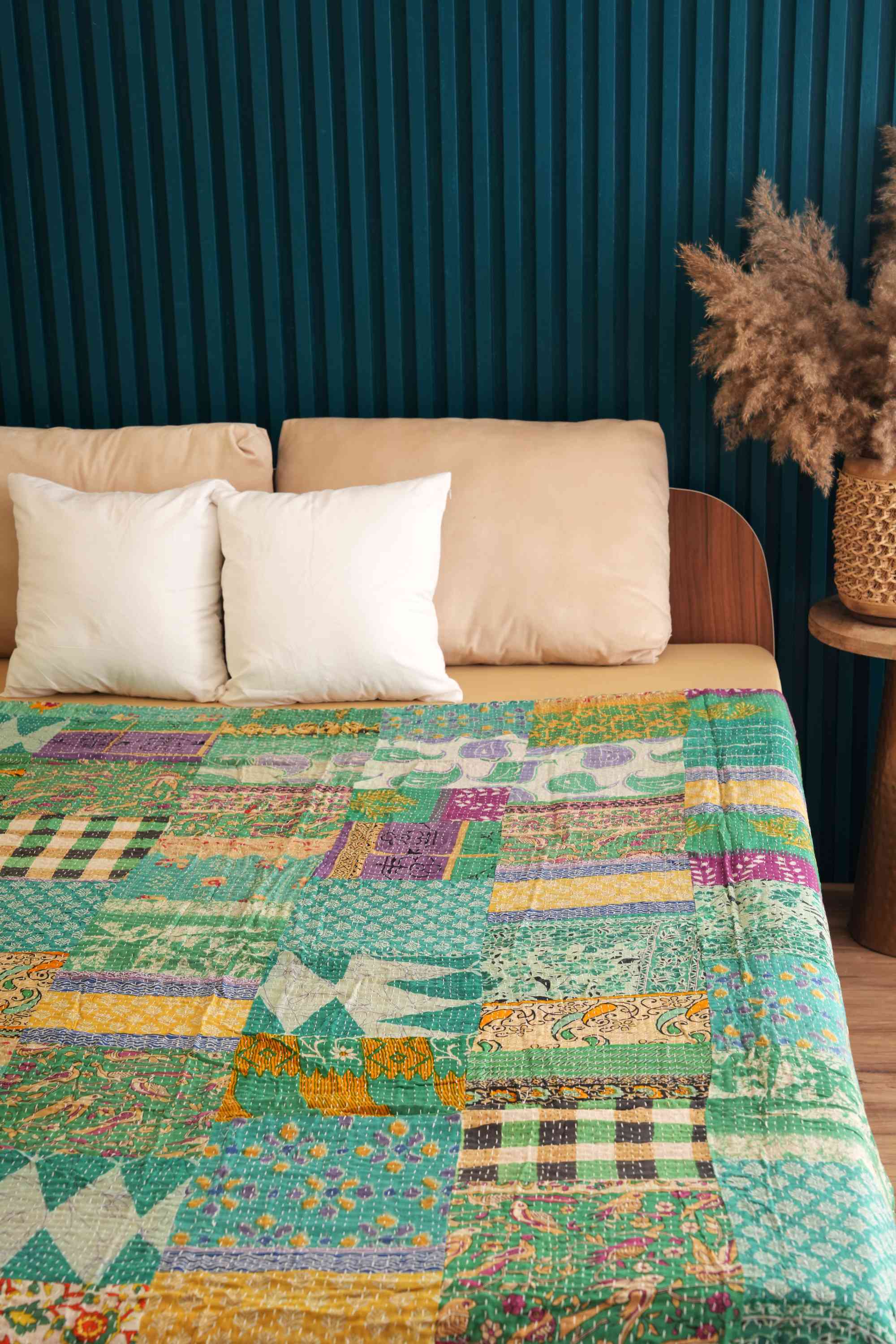 Handmade Cotton Green Vintage Patchwork Kantha Quilt