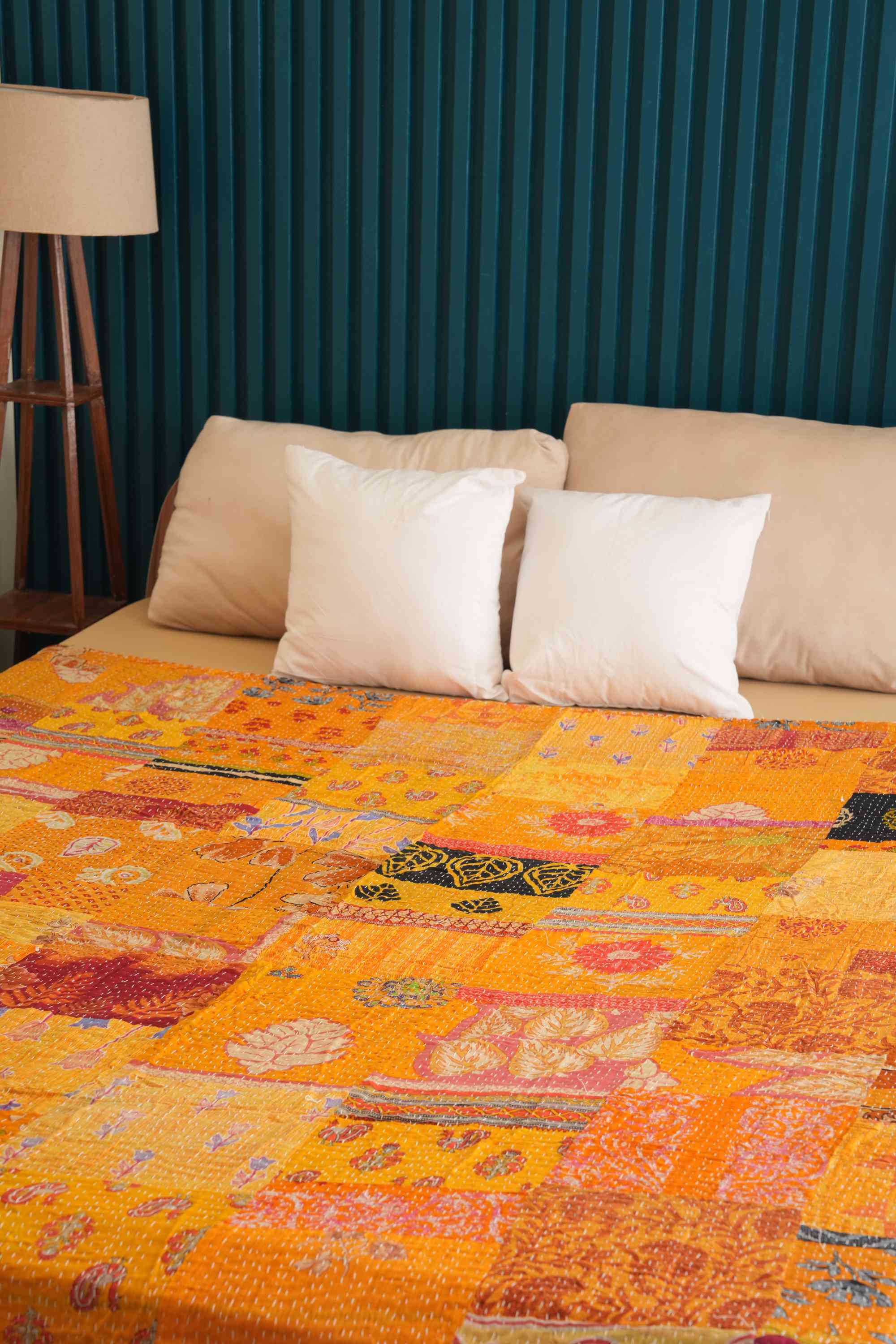 Handmade Yellow Vintage Patchwork Kantha Quilt