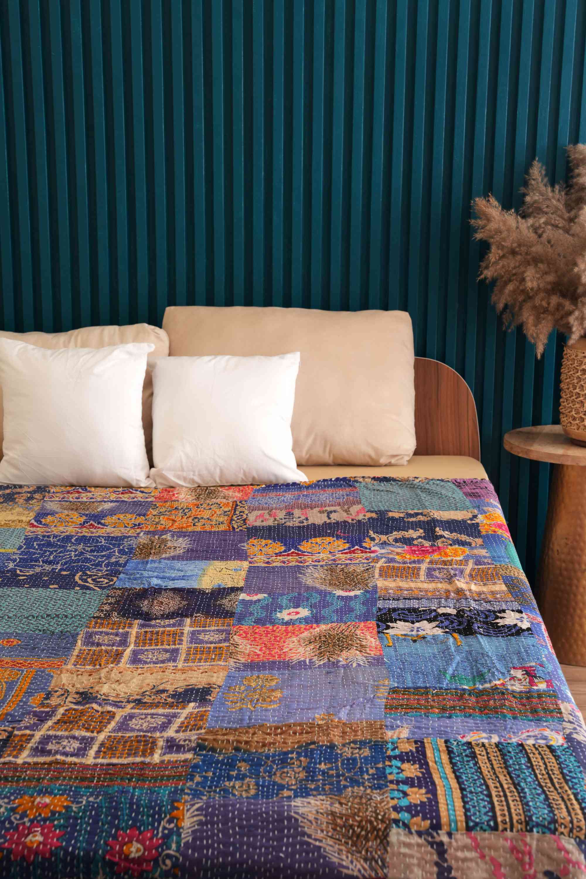 Handmade Vintage Patchwork Kantha Quilt Blue