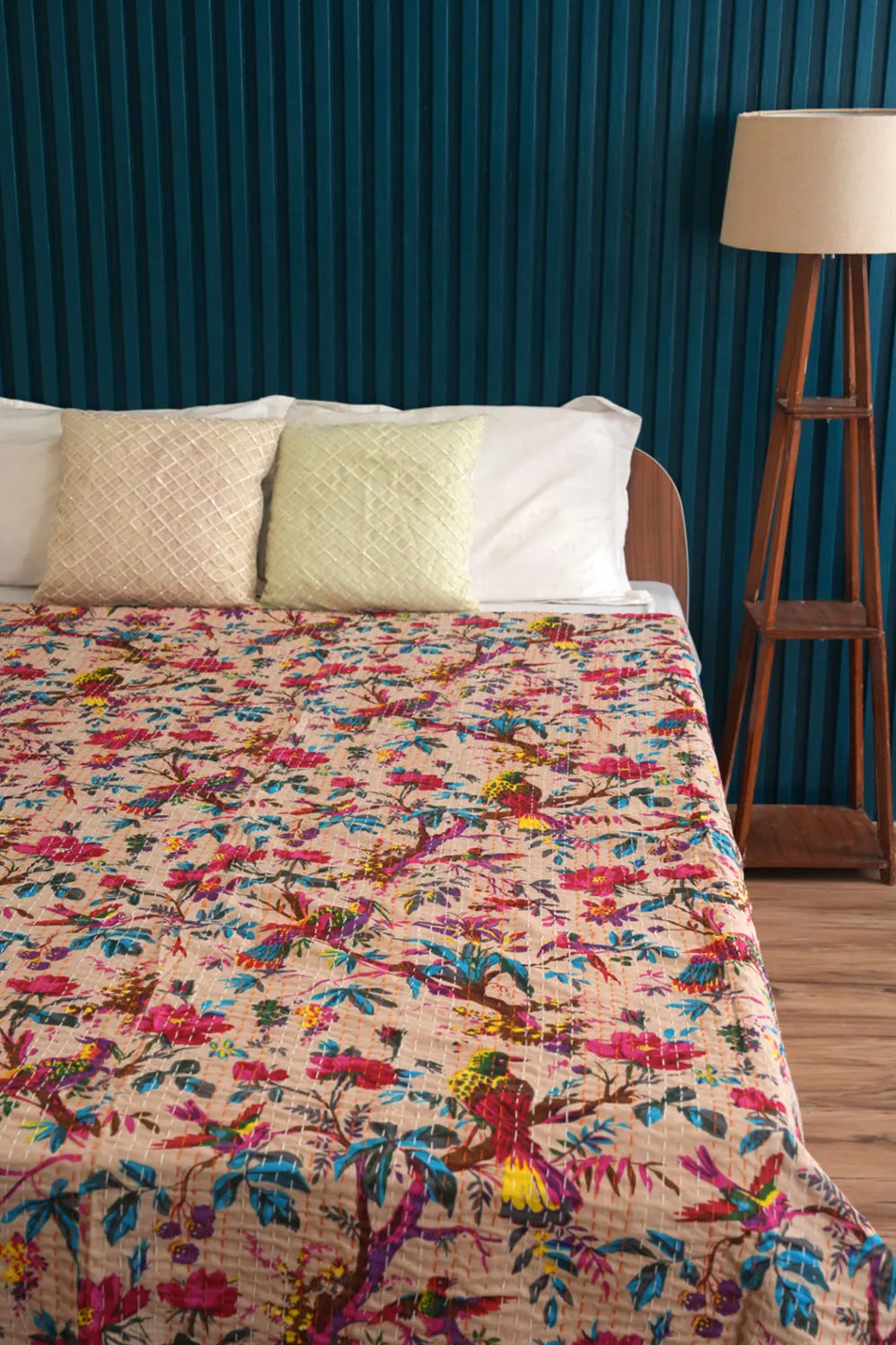Beige Bird Cotton Handmade Kantha Quilt