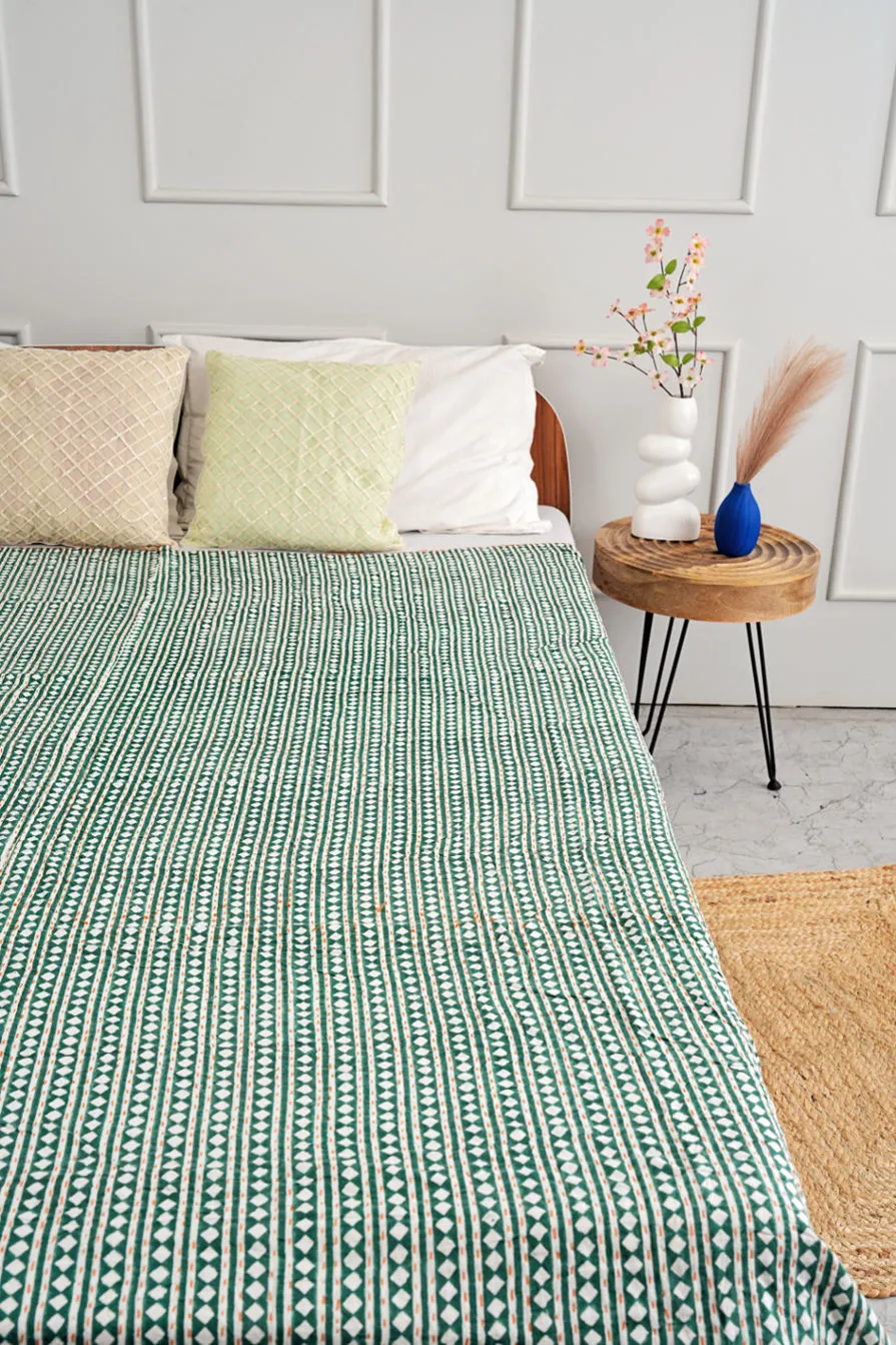 Handmade Cotton Queen Kantha Bedspread - Green Diamond