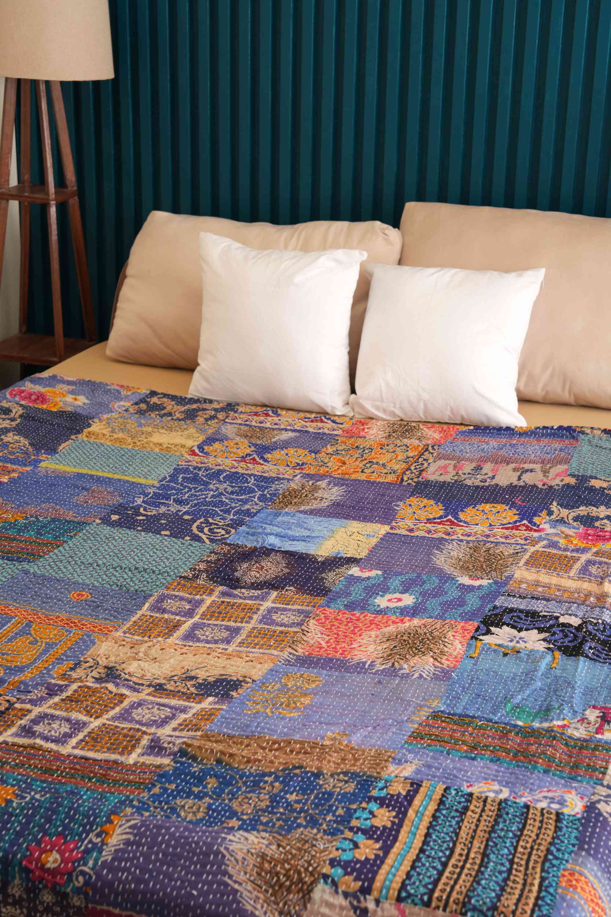 Handmade Vintage Patchwork Kantha Quilt Blue