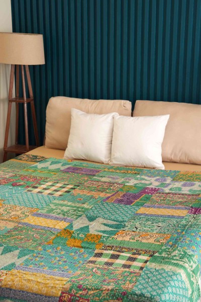 Handmade Cotton Green Vintage Patchwork Kantha Quilt