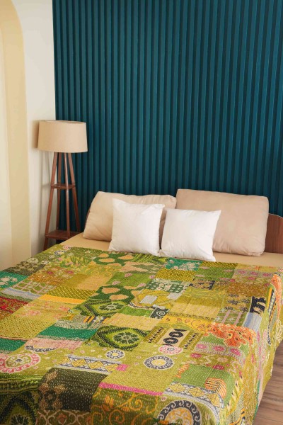 Handmade Vintage Patchwork Kantha Quilt Green