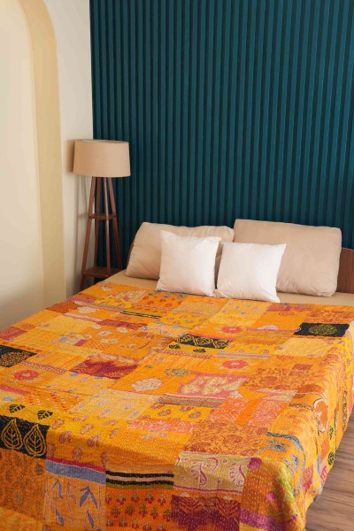 Handmade Yellow Vintage Patchwork Kantha Quilt