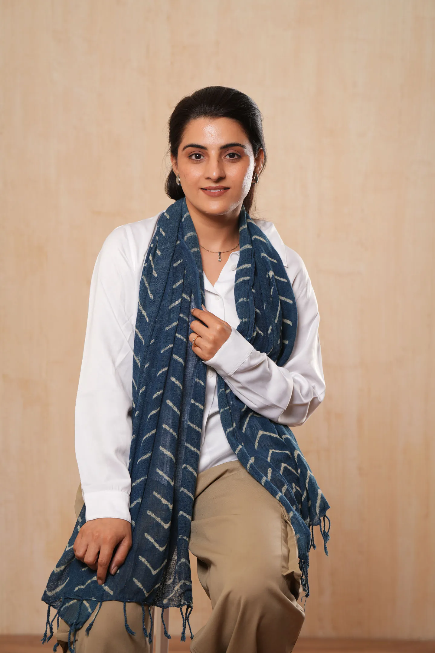 Indigo Soft Cotton Printed Handmade Women Scarf - #D5